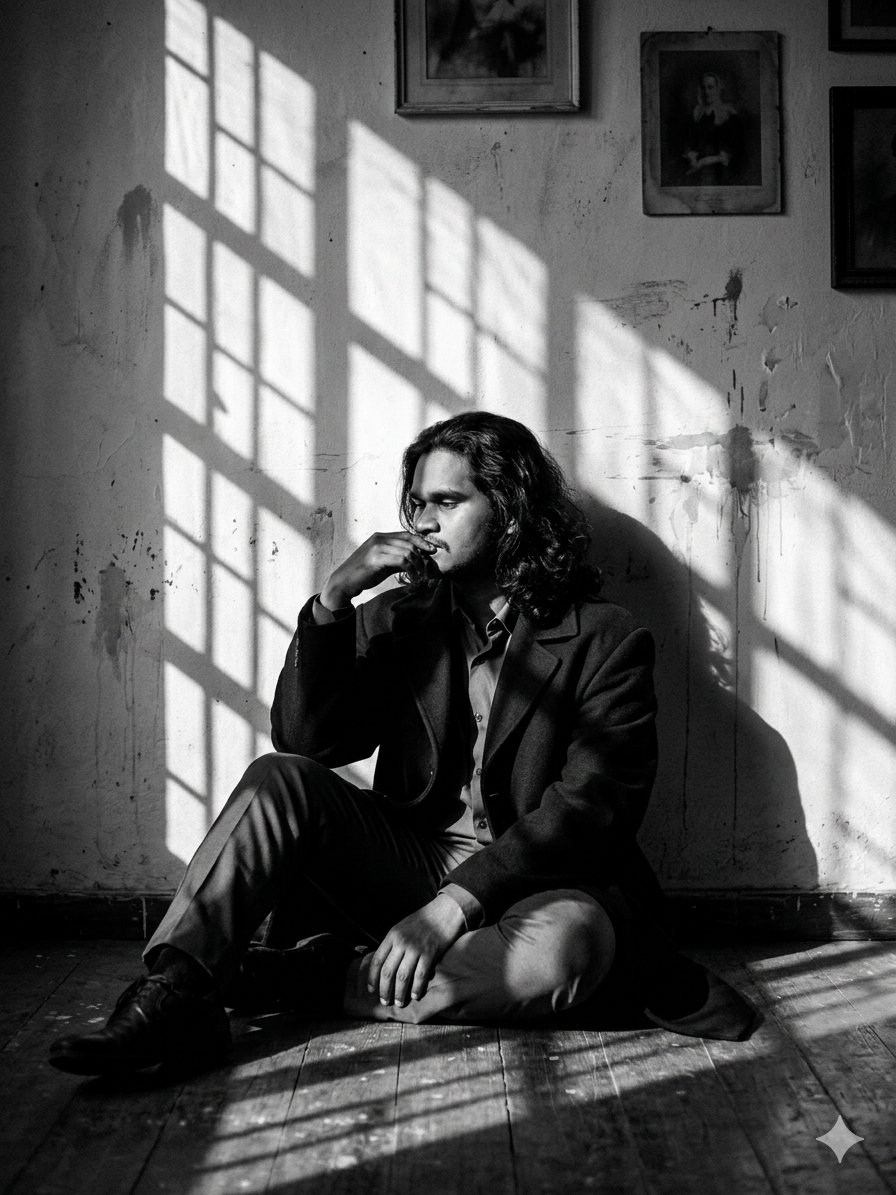 Portrait of Uday Harish seated in cinematic window light